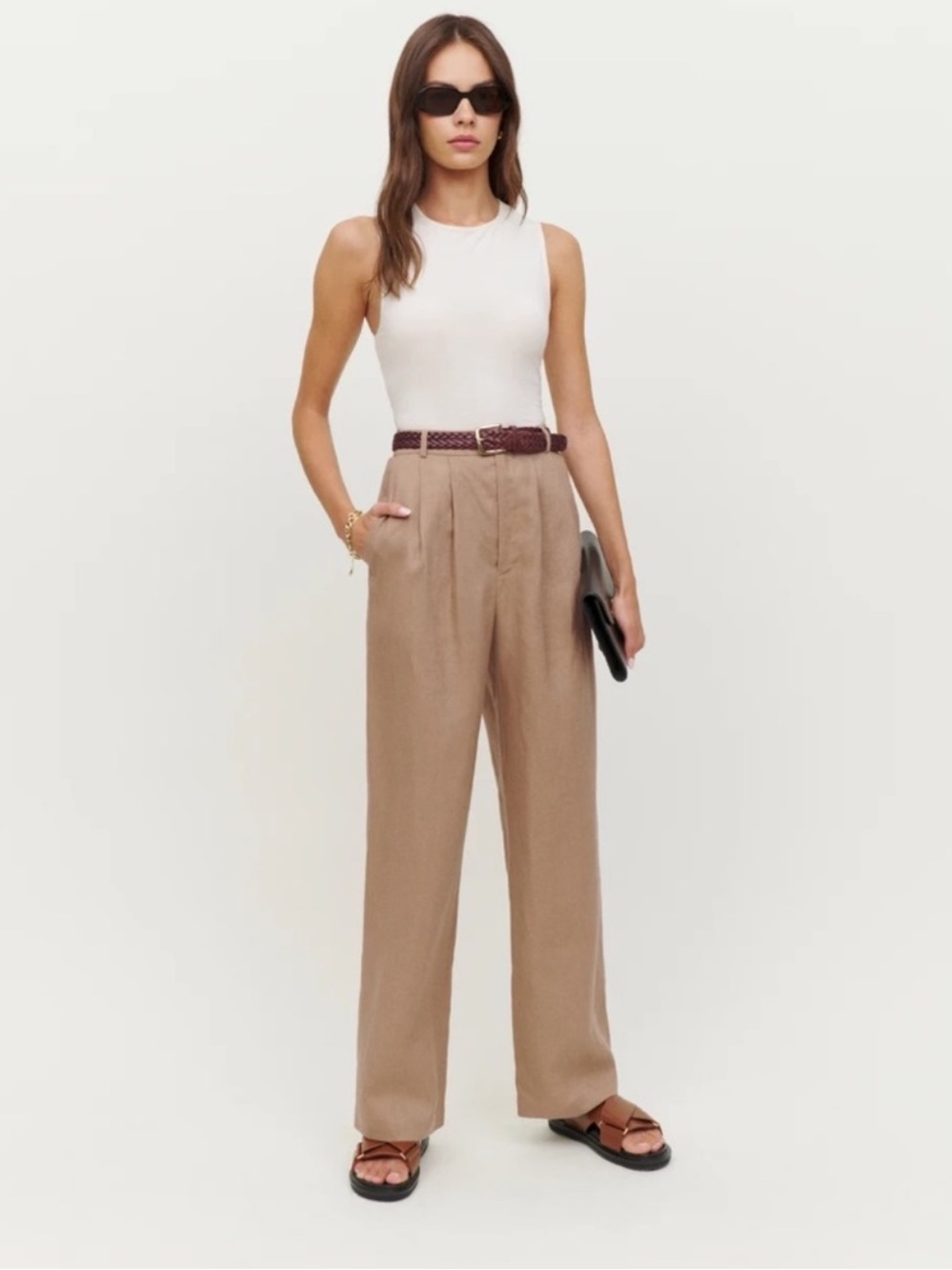 NWT Reformation Vesta Linen Straight-Leg Pants Khaki Brown 4